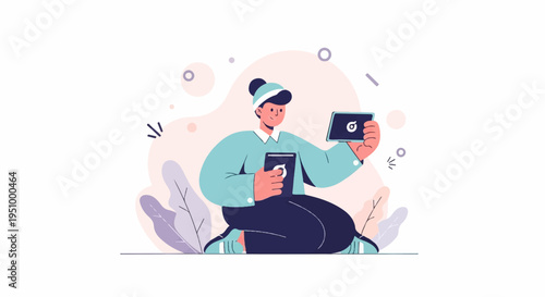 Young person sitting on floor holding tablet and book