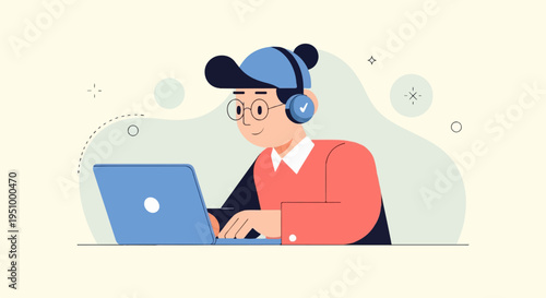 Young person wearing headphones and cap, focused on laptop, with abstract background