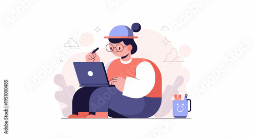 Young person with glasses and hat working on laptop with stylus