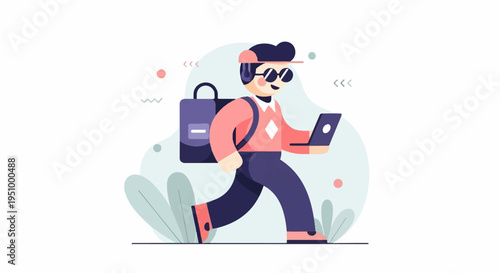 Young person with backpack and laptop walking