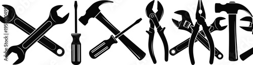 Black Silhouette Vector Set of Crossed Wrenches Hammers Screwdrivers and Pliers Arrangement for Hardware Construction and Home Repair Industry isolated