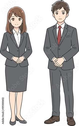 Professional business man and woman standing politely with hands together, corporate office workers formal pose cartoon illustration