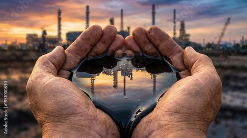 Protective hands surrounding a pool of crude oil, symbolizing oil as a strategic U.S. resource shaping energy security, geopolitics, and global power