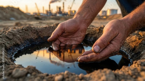 Protective human hands surrounding a pool of crude oil, symbolizing oil as a strategic resource for energy security, geopolitics, and economic power