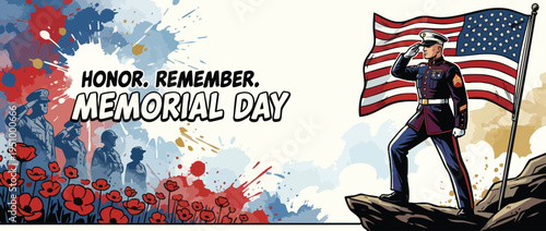 Memorial Day Honor Remember with Saluting Marine and American Flag