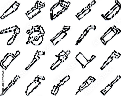 Collection of outline icons featuring various types of hand saws, power saws, and other cutting tools, representing carpentry, construction, and diy work
