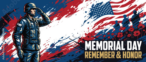 Soldier Saluting on Memorial Day with American Flag and Poppies Dynamic Design