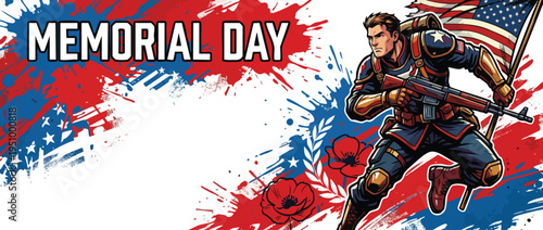 Memorial Day Banner with Soldier Patriotism and Poppy Flowers