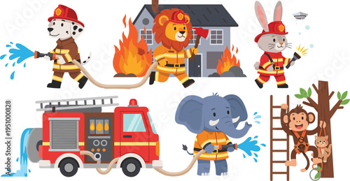 Cartoon Firefighter Animals Including Dalmatian, Lion, Rabbit, Elephant, and Monkey with Fire Truck and Rescue Operations.