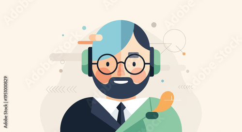 Stylized portrait of a man with headphones and glasses, abstract background