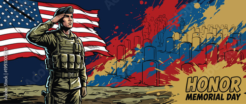 Military Soldier Saluting American Flag at Memorial in Vibrant Art Style