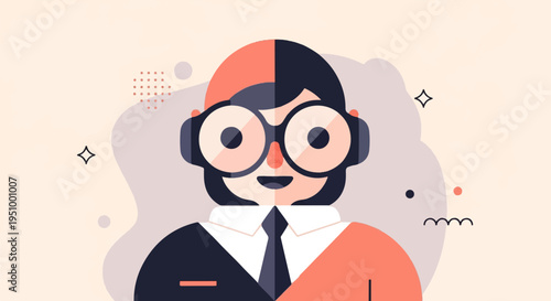 Stylized portrait of a person wearing large glasses and a tie, looking forward