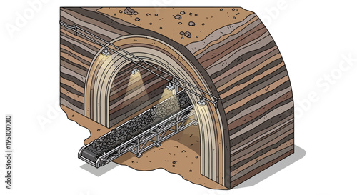 Cross-section view of a tunnel boring machine excavating through layered rock formations, revealing geological strata and the conveyor belt system.