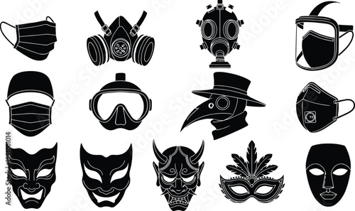 Set of 13 protective and decorative masks vector