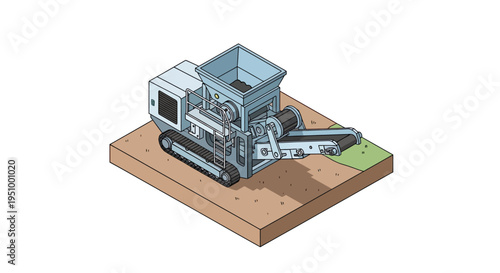 Isometric illustration of a compact, tracked agricultural machine designed for soil preparation and seeding, featuring a hopper, processing unit, and conveyor belt.