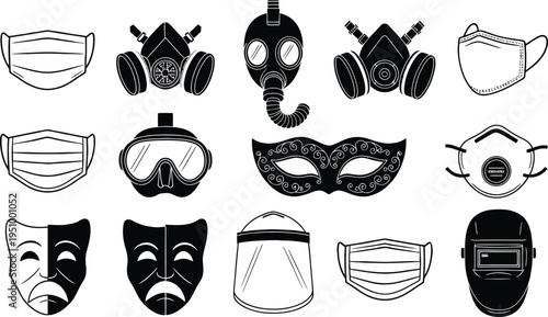 Set of 15 face masks and respirators vector icons