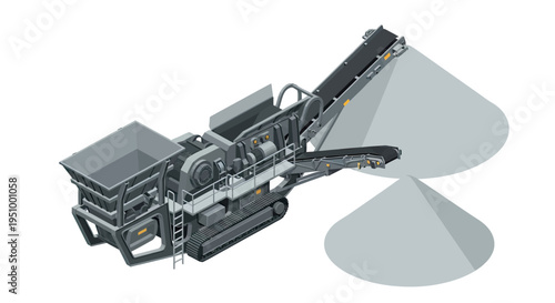 Isometric illustration of a mobile crushing plant with a conveyor belt system processing aggregate into piles.