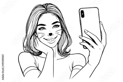 Black and white line art of young woman holding smartphone with cat whiskers and nose face filter