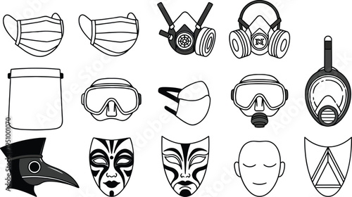 Set of 13 protective face masks and respirators vector