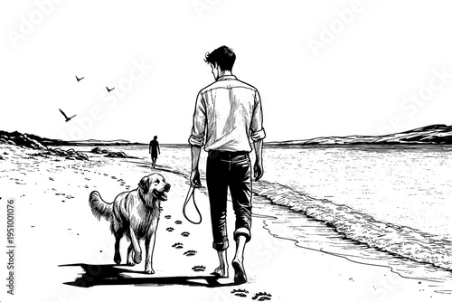 Black and white line art of man with dog walking along shoreline with waves footprints and birds