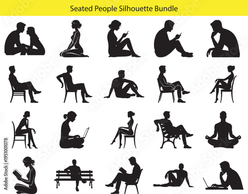 Seated people silhouette bundle collection with various poses including sitting on chairs