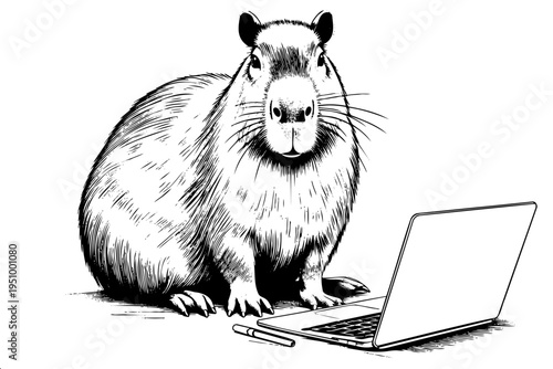 Black and white detailed ink drawing of capybara rodent sitting at laptop with pen looking at viewer