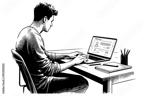 Black and white sketch of young man typing on laptop at desk with profile page notebook and pencil holder