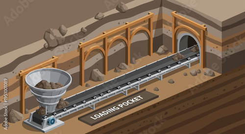 Isometric illustration of an underground mining operation with a conveyor belt system transporting ore from a tunnel to a loading pocket.