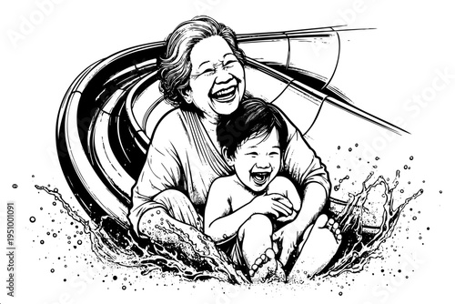 Black and white ink drawing of laughing grandma with grandchild sliding down waterslide with splashing water