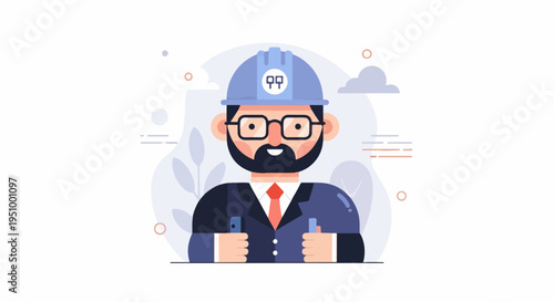 Stylized portrait of a professional wearing a hard hat and suit