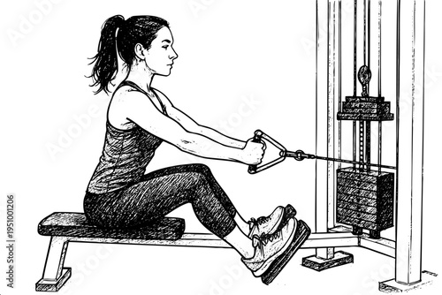 Black and white detailed drawing of female athlete pulling weight machine for back workout