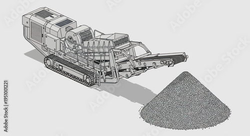 An isometric illustration of a tracked mobile crushing machine processing aggregate into a pile of gravel.