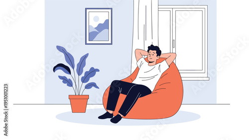 Young man relaxes comfortably in a bright orange bean bag chair inside a room with a plant and a window in the background.