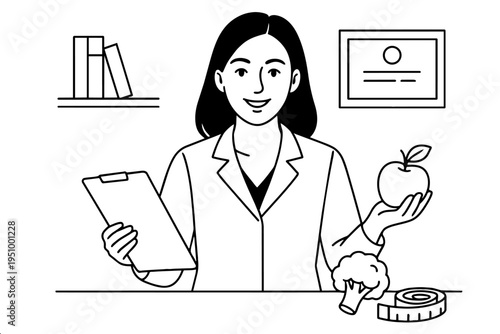Black and white line drawing of dietitian in lab coat holding fruit with broccoli and measuring tape