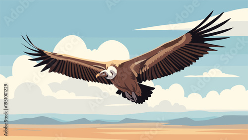 Large griffon vulture with expansive wingspan soars gracefully through a cloudy sky over a vast and dry desert landscape.