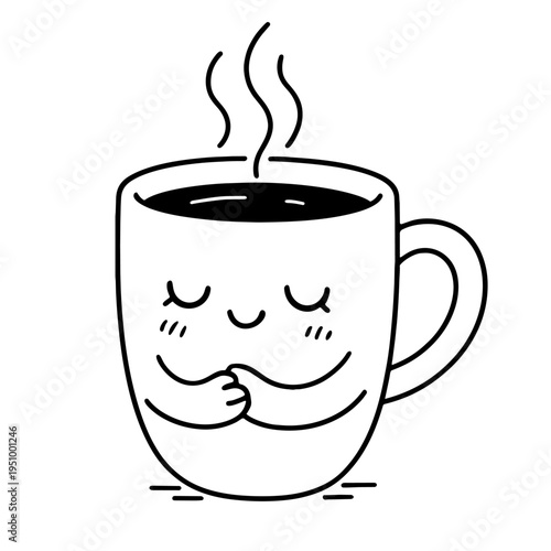 Black and white kawaii illustration of hot beverage cup character with closed eyes and steam