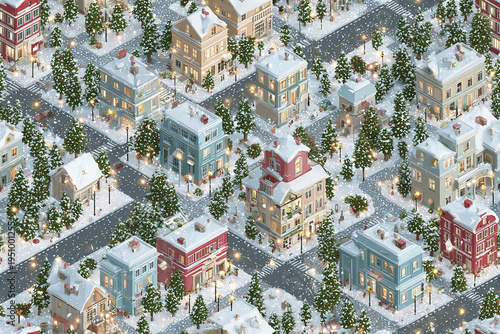 Winter city block pattern with snow covered houses and trees, streetlights glowing warmly, and gentle snowfall creating cozy festive atmosphere in isometric view