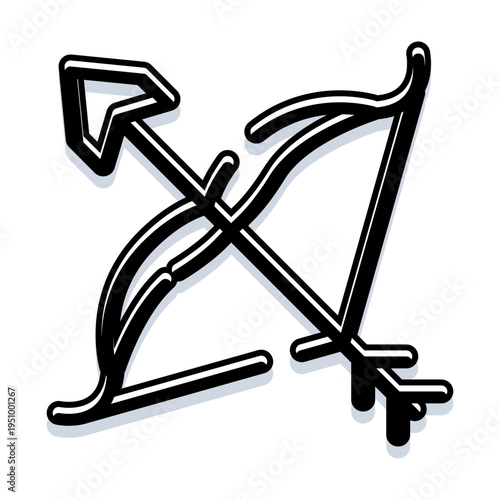 Sagittarius zodiac sign formed as a minimalist bow and arrow icon on white background, symbolizing astrology, archer traits, destiny, aiming, strength and cosmic guidance in black outline