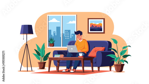 Focused young man sits on a dark blue sofa in a cozy living room while working on his laptop computer during the daytime.