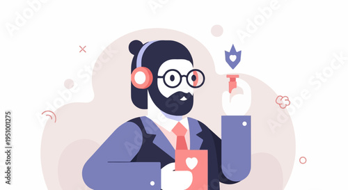 Stylized scientist with headphones holding a vial with a glowing heart emblem