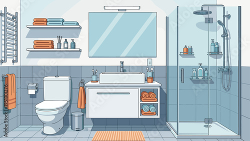 Modern bathroom interior features a walk-in glass shower, vanity with sink, toilet, and shelves with neatly folded towels.