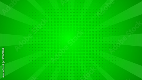 Vibrant Green Comic Book Style Bursting Rays and Halftone Dots Background