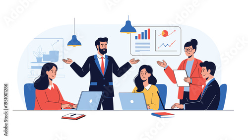 Diverse business team holds a productive meeting in a modern office while discussing data charts and sharing creative ideas.