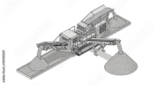 Isometric illustration of a mobile crushing and screening machine processing aggregate materials into stockpiles.