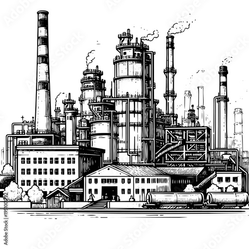 Black and white vintage engraving of chemical plant with towers tanks pipes and train cars