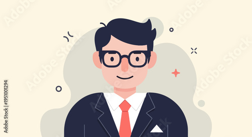 Stylized, smiling man in a suit and tie, wearing glasses