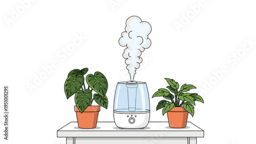 Modern ultrasonic humidifier releases a cool mist while placed on a table between two lush green potted house plants.