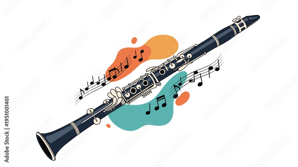 Obraz premium Elegant black clarinet instrument surrounded by abstract shapes and flowing musical notes on a clean white background for design.
