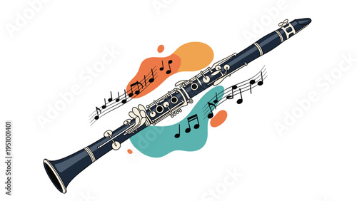 Elegant black clarinet instrument surrounded by abstract shapes and flowing musical notes on a clean white background for design.
