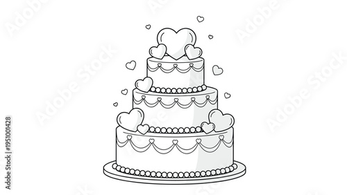 Three tier wedding cake decorated with hearts and pearls shown as a black and white line art illustration perfect for a coloring page.